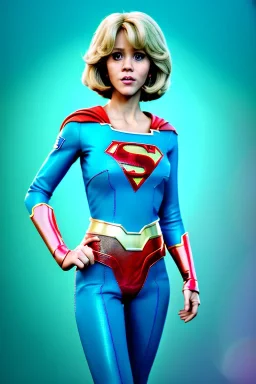 Waist up portrait, blonde, Jane Fonda, make-up, happy, Realistic image, retro pop, 60s, supergirl, tights minimal dress, sweat, Color background, photo studio, concept art, smooth, unreal engine 5, god lights, ray tracing, RTX, lumen lighting, ultra detail, volumetric lighting, 3d, finely drawn, high definition, 4k.