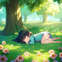 tiny anime girl sleeping in the distance, laying down in a field of flowers, underneath a willow tree, with a butterfly on her nose