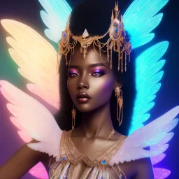 full body shot, masterpiece, best quality, black skinned, sparkling eyes, long hair, gorgeous African Fairy queen,wings,fluorescent skin,light blue makeup,sparkly glass diamond transparentsynthwave, light indigo, trasparent , irridescent, highly detailed body, sun light, 4K, RAW, depth of field, high contrast, realistic details, 24mm vaporwave aesthetic, synthwave, artstation, concept art, smooth, extremely sharp detail, finely tuned detail, ultra high definition, 8 k, unreal engine 5, ultra sha