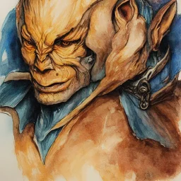 dungeons and dragons, fantasy, goblin, king, portrait, distinct face, ochre skin, watercolour, blue nose