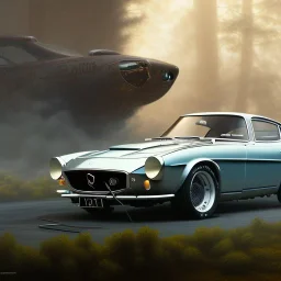 hyperrealism Drawing of 'Volvo P1800' three quarter frontal aerial view, by gaston bussiere, greg rutkowski, yoji shinkawa, yoshitaka amano, tsutomu nihei, donato giancola, tim hildebrandt,oil on canvas, cinematic composition,Sharp detail,extreme detail,fit full head inside picture,16k