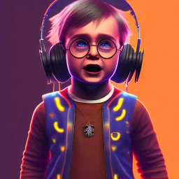 Harry Potter toddler, smile, cyberpunk headphone, sunglass, gangsta neckless, full body, orange puffer jacket, tokio background, dramatic lighting, hyper realistic, unreal engine 5, 16k