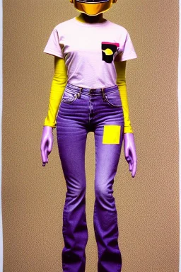 Photograph of a woman. Low waist jeans, baggy, 1996,1997,1998!Big serigraph print of a plant!Terracotta,cream,purple,lilac. Cream colored latex parts. imperial yellow, red plum stripes, only on the top half of t-shirt. European daft punk woman. Mantle is sewed of recycled Denim and sewed together of recycled polymer felt. lace, Yellow(Munsell) areas. hint of orange as effect color!!Big bright purple/khaki felt tippet and cream or blue or lilac colored-hood. mantle is merged with cobalt