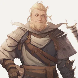 A nord male battlemage from Skyrim, partial steel nordic armor, blond hair of medium length, hearty, smiling, thick short beard, white snowy mountainous background