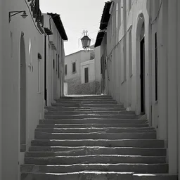 Street of a town on an Italian island in summer, with stairs and arches, decadent tone, real photography, photography taken with a Leica camera and 50 mm lens, following the style of the 'Ripley' series, black and white photography, toned 50s tones