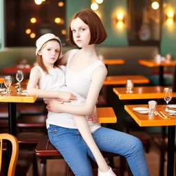 Realistic photo Russian shorthair beautiful 20-years tomboy boyish boylike young wife wide hips in restaurant with little daughter
