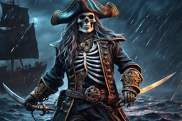Skeleton pirate in 8k realistic cgi drawing style, ghost theme, sea, Storm, close picture, rain, neon, highly detailed, high details, detailed portrait, masterpiece,ultra detailed, ultra quality