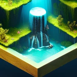 The Isometric Glass Tall Box Mini Model Little Real Island Mixed Water Fall Under Ocean Sunshine Summer Background Blue Sea, The Last Of Us / Avatar, Octane Render / ZBrush, Cinematic, IMAX Film, Nikon D750, 16K, Autostereoscopy, Anthropomorphic, Golden Ratio, Geometry, Symmetric, Depth Of Field, Highly Detailed, Ultra Realistic, Beautiful Lighting, Halfrear Lighting, Soft Light, Candoluminescence, Cast Shadow, Reflective, Glow, Translucent, Normal Map, Carbonated --testp