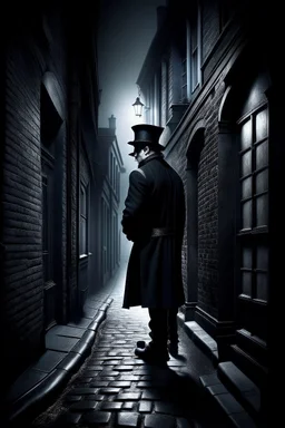 man in dark clothing, hiding around a corner while looking down on a brightly lit Victorian street