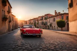 Erstelle ein Bild eines roten autos welches fotografiert wird mit fotograf in einer italienischen altstadt, mit der sonne am Horizont, die die Abenddämmerung betont. Der Blickwinkel sollte in der froschperspektive sein, und das Bild sollte in der Heutigen Zeit angesiedelt sein. Das Bild sollte in einem Medium wiedergegeben werden, das die Zeit vor 50 Jahren hervorruft.