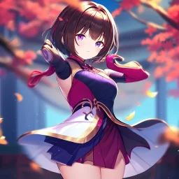 Clear focus,High resolution, one girls, Short brown hair, Purple eyes, Wearing a techy outfit standing with blurry sakura leafs falling down, Wearing a split skirt, Cut Sleeves, Gacha Animation