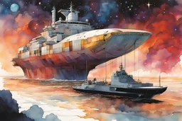 create an interstellar container ship caught in a swirling celestial maelstrom, cosmic patterns, and dreamlike scenes, stars, planets, in the comic book style of Bill Sienkiewicz and Jean Giraud Moebius, ink wash and watercolor, highly detailed and sharply defined