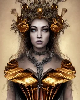 upper bust portrait, the queen of the elements (earth, wind, fire, water), corset, intricate metal work crown, the elements around like a cloak, 8k resolution concept art, dynamic lighting, intricately detailed, hyperdetailed, beautiful, ethereal, elegant, golden hour, (elemental), gothic, earth art