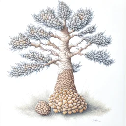 pinecone, tree, colored pencil drawing, realistic, serene, landscape, detailed