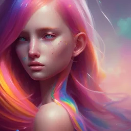 girl, cute, beautiful, long hair, rainbow hair, rainbows, close up portrait by Greg Rutkowski