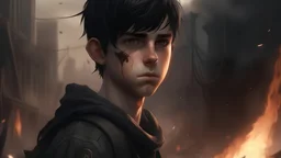 /imagine prompt: realistic, personality: [ boy with black hair , big black sharp eyes , handsome watch big land burning and there is a war ] unreal engine, hyper real --q 2 --v 5.2 --ar 16:9