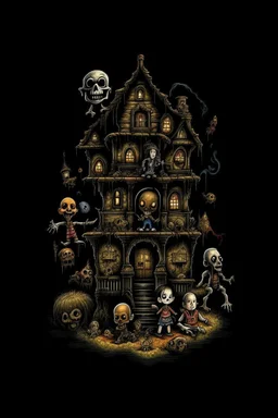 Science experiment Horror Doll house by Richard Corben, Todd Schorr, T-Shirt Design, Black Background