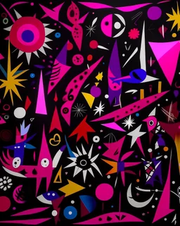 A dark magenta chaotic galaxy designed in Javanese shadow puppets painted by Stuart Davis