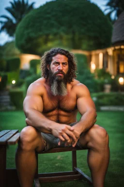 half figure shot photography of a burly strong stocky chubby muscular built short gipsy shirtless homeless hairy man 31 years old in opened broken shorts, manly chest, curly beard, dreadlocks,ajar mouth, sweat, wet, angry, sitting on a chair on the meadow, in a private elegant garden of a villa, raining nighttime, big shoulders, ambient occlusion, photorealistic, frontal view from the ground, dim light from little bulbs