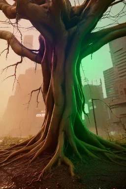 Cyberpunk theme, portrait of Oak tree roots holding man inside, misty sunny day, close-up portrait, symbios