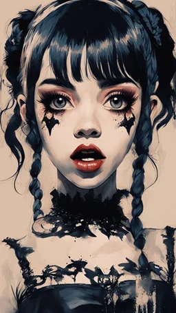 Poster in two gradually, a one side malevolent goth vampire girl face and other side the Singer Melanie Martinez face, full body, painting by Yoji Shinkawa, darkblue and sepia tones,