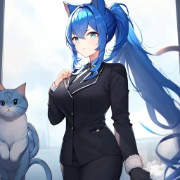 Clear Focus, High resolution, wearing a black suit uniform, fluffy hair and a long ponytail, blue hair, cat ears