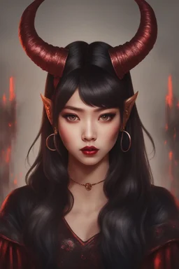 Beautiful devil asian girl with devil horns on her head, with brown eyes, detailed, looking at the camera, princess