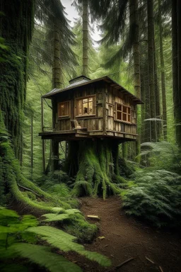 a tiny house in the high end of a big tree, in the middle of a dense forest.