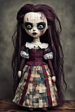 full color, illustration of a dark menacing Scottish vampire girl, tall and willowy , as a decayed, broken, crude homemade patchwork cloth doll toy, with a cracked porcelain face, thick dark eyebrows, hair made from ragged strips of cloth, in the style of Nadya Sheremet