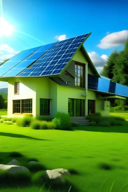 Home in a green space connected by electric wire with solar and wind energy