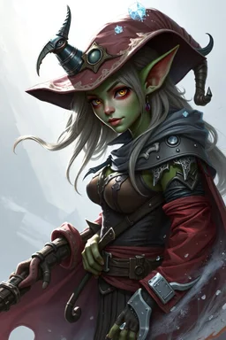 a goblin witch, humanoid, fantasy, bandit, female, ice, pretty, attractive