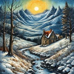 surreal winter landscape,optical illusion, zentangle Modifiers: highly detailed fantasy beautiful award winning fantastic view dramatic pen and ink Tim Burton dreamy Surrealism watercolor and ink wet on wet water colours golden our