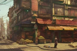 A corner shop greengrocer in colorful varanasi street+Gothic city+BioShock+Dishonored+Bloodborne +trieste+Edinburgh+Chicago+victorian London+decòpunk Skyscraper+ +steampunk+biopunk+alphonse mucha, greg rutkowski,matte painting, cryengine, hyper detailed, felix kelly, fantasy art, seb mckinnon