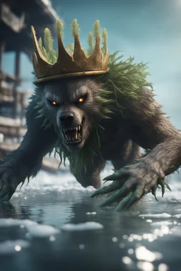 self aware werewolf bread with sea weed crown crawling while hovering over the icy docks in fallout 4 setting, bokeh, downlight, prize winning, depth of field, in the style of ivo caprino