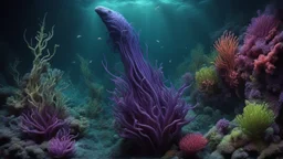 animals creatures, plants from subanautica from deep sea, leviathan's a lot of sea plants very deep, beautiful, river of magma, green and blue, dark purple