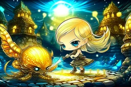 cute blonde chibi princess fighting with an ugly giant monster with a golden laser sabre, golden coin stacks, pond, in sunshine, H.R. Giger, anime, steampunk, surreal, watercolor and black in outlines, golden glitter, ethereal, cinematic postprocessing, bokeh, dof