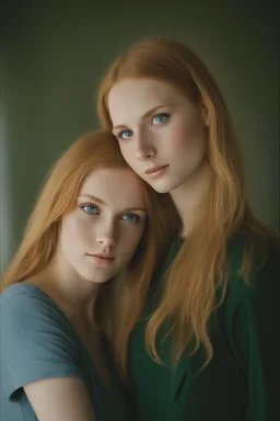 Create a portrait of two young women. Standing pose. One is slim and high with blond hair and blue eyes, and the second one is chubby and small with ginger hair and green eyes. Women look into eyes each other. Photo taken by a Mamiya M645 camera with a portrait lens on classic medium-format film