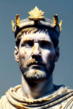 Realistic image, Roman sculpture made in white marble with gold veins, Lionel messi with gold laurel leaves crown, decorative star on the chest, waist up portrait, marble material, gold ornaments, Baroque style, sun rays background, epic, celestial, cinematic lighting, God lights, 4k resolution, smooth details, soft lighting, unreal engine 5, art station, substance 3d.