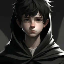 Realistic animated teenage boy with white skin, short and messy hair that is black with white streaks through it, wearing black cloak