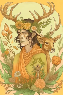 create a drawing for me. a fantasy drawing of a hispanic man with deer skull on his head. he has brown hair and tan skin. he wears peach colored robes and yellow pants with green accessories. he is surrounded by nature and is holding a crow companion. the skull is large and covers the face completely. the deer skull covers his face and the antlers have flowers on them.