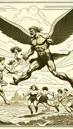 Giant man with wings kidnapped and Cary some women other women are running away from the giant Nephilims