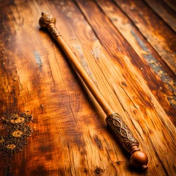 Closeup of an old wooden magical wand. No detailed background.Magical. Epic. Dramatic, highly detailed, realistic, hyper realistic, photo, masterpiece