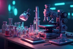 futuristic microscope and other laboratory gadgets on a bench , 16k, 3d rendering, expressively detailed, futuristic, cyberpunk, dynamic light, neon lighting,