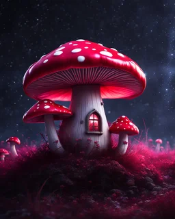 A solitary floating mushroom house on a clear night. silver and red and pink, Dark cosmic interstellar. Detailed Matte Painting, deep color, fantastical, intricate detail, splash screen, hyperdetailed, insane depth, concept art, 8k resolution, trending on Artstation, Unreal Engine 5, color depth, backlit, splash art, dramatic, High Quality Whimsical Fun Imaginative Bubbly, perfect composition