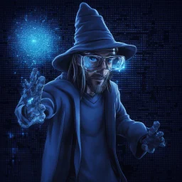 Cyber wizard using glasses with blue matrix backgroud