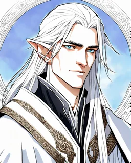 a young High Elf frost Wizard with long wiry hair, wearing a black trimmed white nobleman's robe and frost ornaments on clothes, with a small weasel on his shoulder