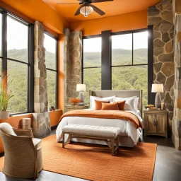 ladytigerette❤️ Warm orange and stone water nice……. Large window in bedroom 😍. Open wide room 😍. Too bad could see the bathroom n kitchen. I love open concept.