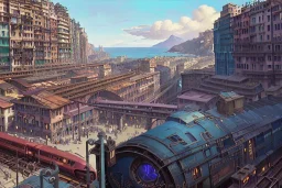 Close up Train head+metro station+Elevated Train pass+trains+corner building on sea+riomaggiore+corniglia+genoa street+Italian medieval town+sea+alphonse mucha, greg rutkowski,matte painting, cryengine, hyper detailed, felix kelly, fantasy art, seb mckinnon