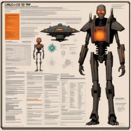 [glitched acid trip by Carlos Ezquerra AD&D class sheet] character concept sheet with AD&D statistics and characteristics, [Blade Runner (1982)] skeletal android with internal mechanisms and orange glowing eyes in blood soaked spaceship corridor