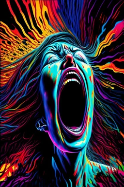 a woman screaming into the void and it screams back highly detailed vivid colours, her mouth wide open in terror, as she releases her piercing scream, the void responds in kind, reverberating with a deafening echo, the scene is filled with highly detailed, vivid colors that reflect the intense emotions, the vibrant hues create a surreal atmosphere, amplifying the sense of fear and anguish. this artwork captures the raw power of the woman's scream and the haunting response of the void, making it